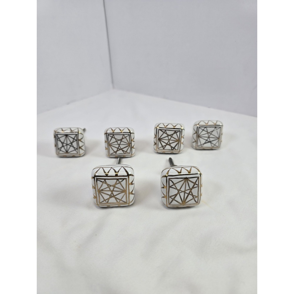 Lot of 6 White Ceramic Drawer Knobs Gold Geometric Lines Square Shape 1.5"